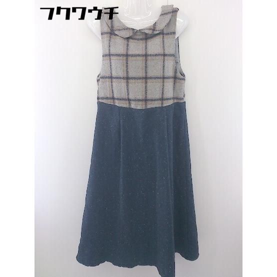◇ merlot 切替 チェック 丸襟 ノースリーブ 膝下丈 ニット ワンピース グレー ネイビー マルチ レディース 【中古】 【1109080001682】