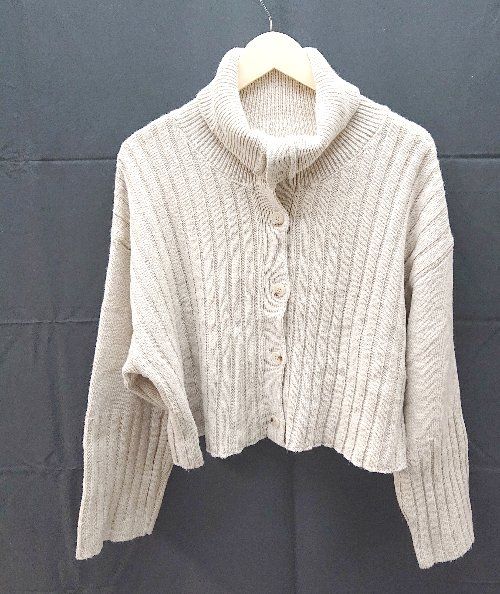 ◇ mysty woman ミスティウーマン ハイネック リブ ショート丈 長袖 ニット カーディガン サイズF ベージュ レディース E 【1212200018580】