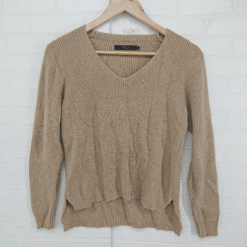 ◇ AZUL BY MOUSSY 起毛 Vネック ふわふわ 長袖 ニット セーター サイズS ベージュ レディース E 【1306210015001】