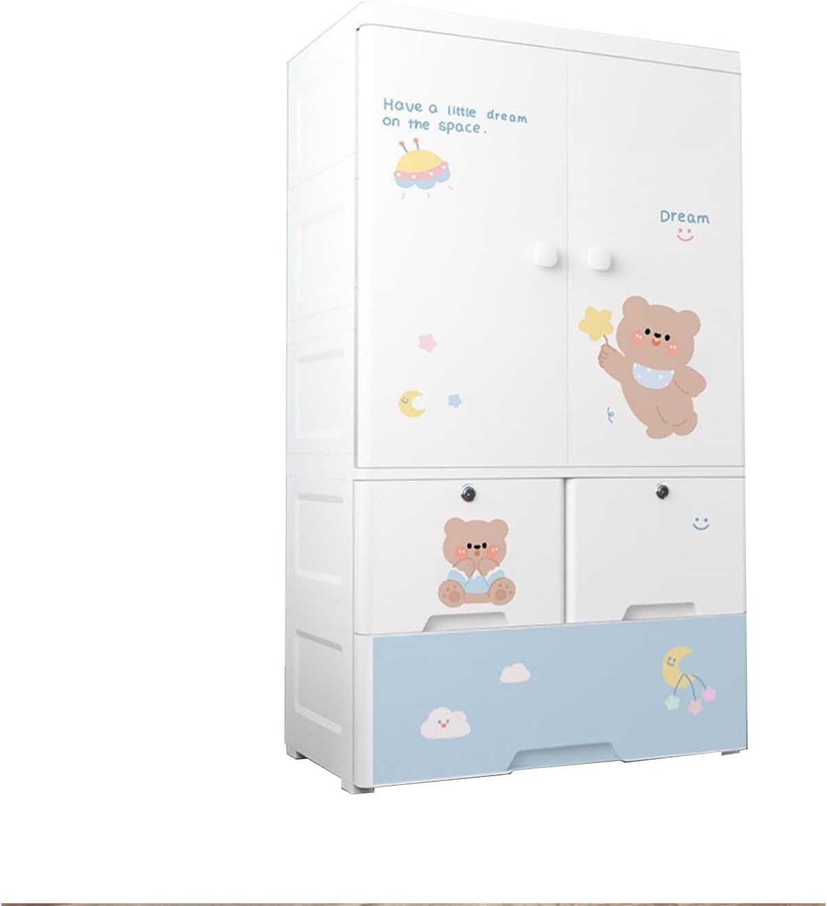 NIELHYUN 子供用ワードローブ クローゼット キッズ ベビー服 収納ボックス 扉付き キャスター付き ハンガーラック 組立簡単 省スペース おしゃれ 耐久性 防塵