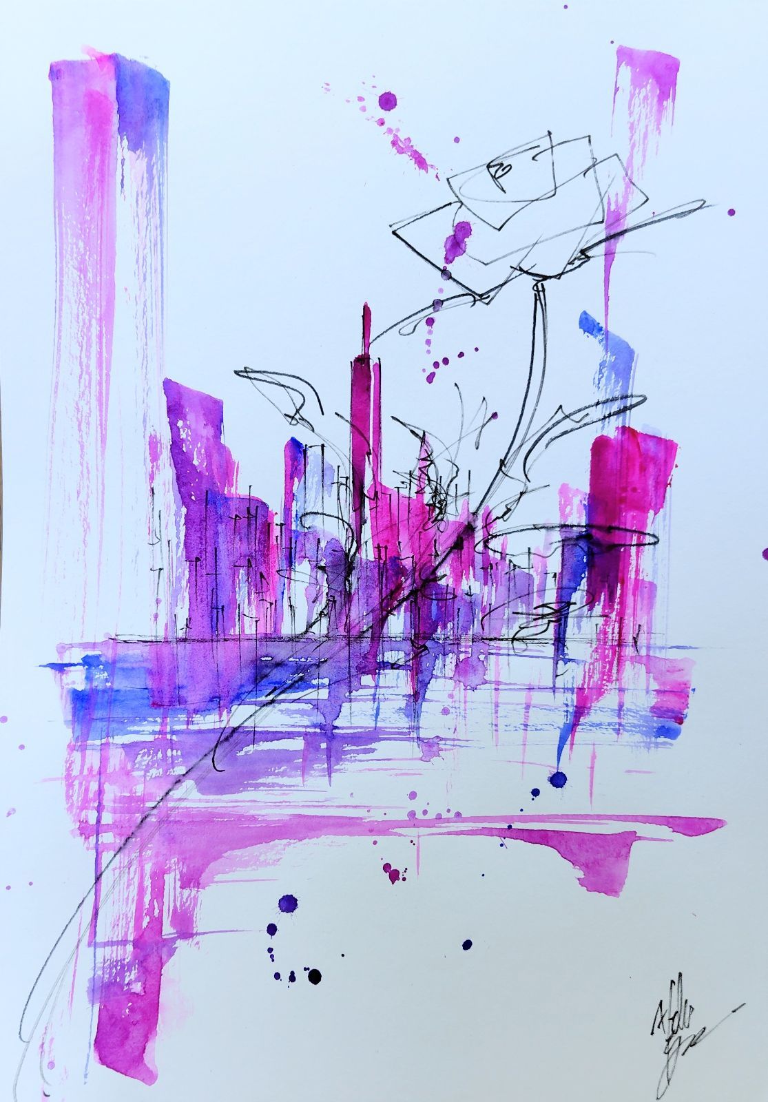 原画#505 薔薇 ニューヨーク 花 水彩画 ドローイング インテリア