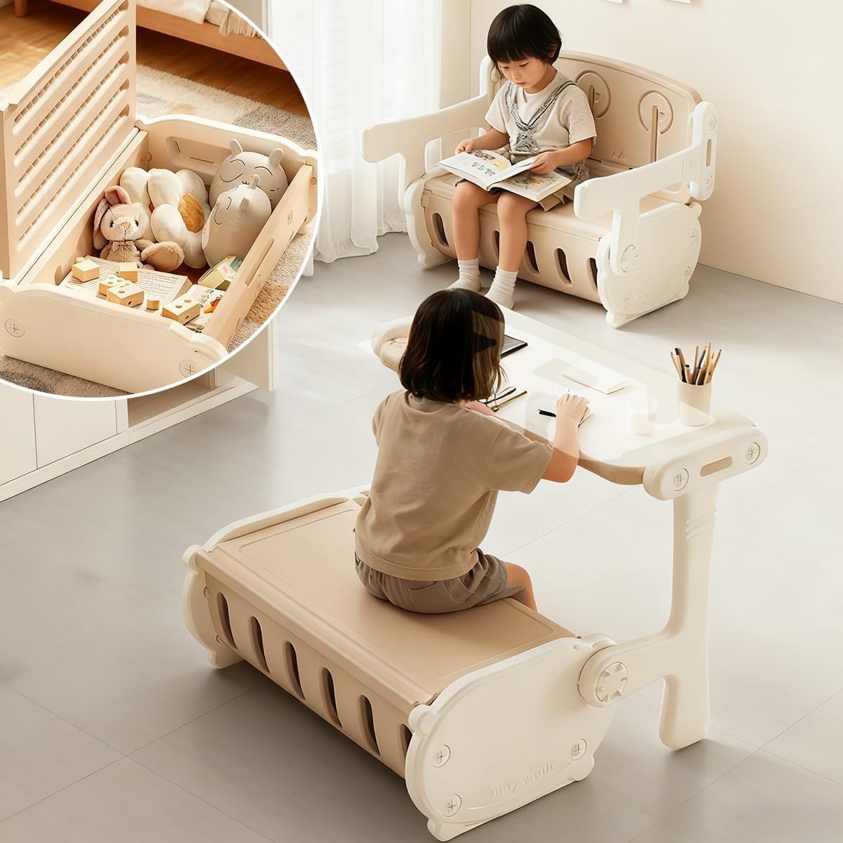 SIRUNLY キッズデスクチェアセット 一体式学習机 幼児用テーブル 50kg耐荷重 お絵描き収納付 入園祝い プレゼント 子供部屋 幼稚園 保育園