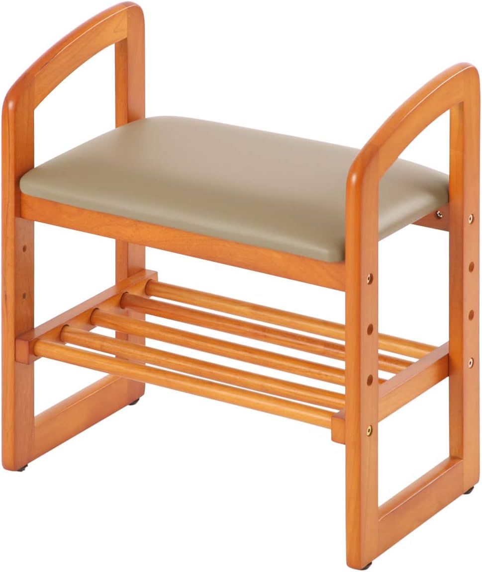 ぼん家具 立ち上がり補助ベンチ 天然木製 ラバーウッド製PUレザー座面 幅50cm 補助椅子 収納棚付き