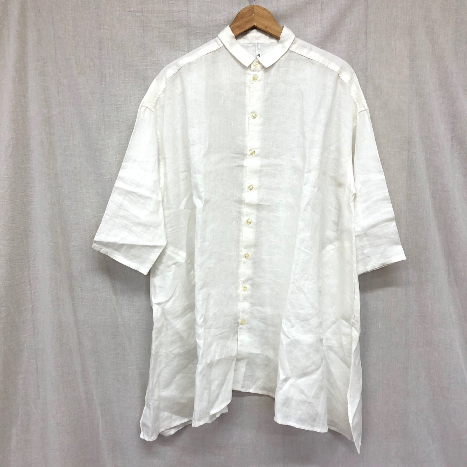 美品 grin 23SS 60リネン三角ロングシャツ 7分袖 麻100% チュニック丈 
