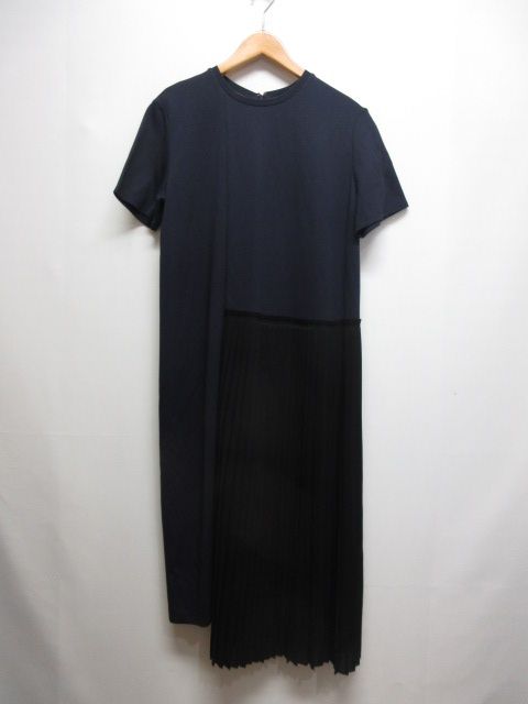 クラネ CLANE 布帛プリーツ 半袖 ロング ワンピース 36 ネイビー×黒 裏地付き