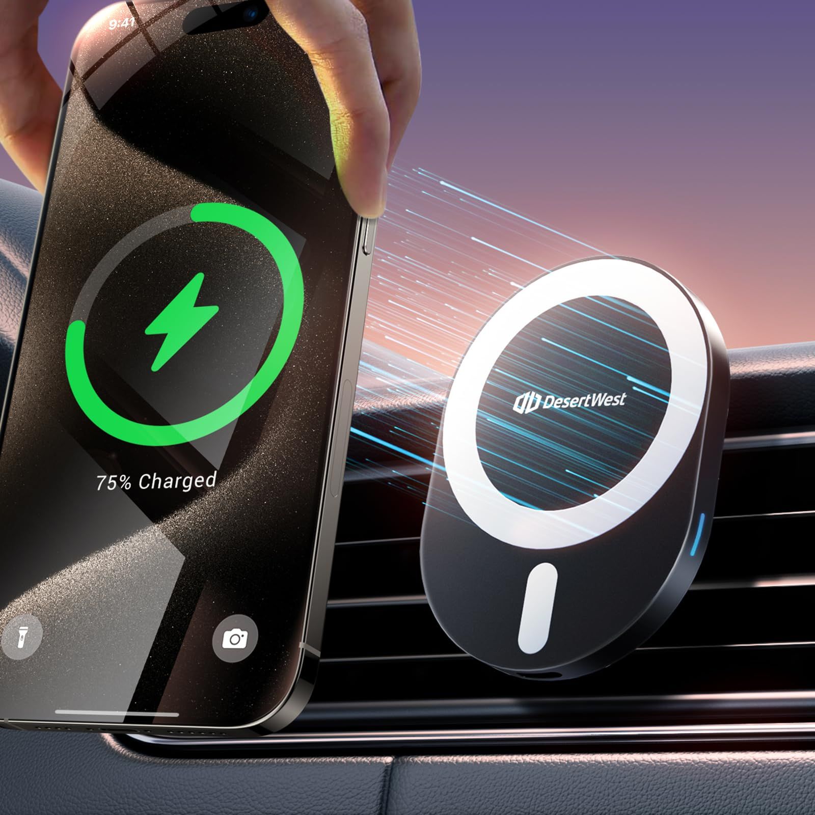 DesertWest マグセーフ 車載 【超强磁力＆15W急速充電 】magsafe対応 車載 車 スマホスタンド スマホホルダー 車 マグネット ワイヤレス充電器 日本説明書付き/Android Qi 機種/iPhone 16/15 /14/13/ ...