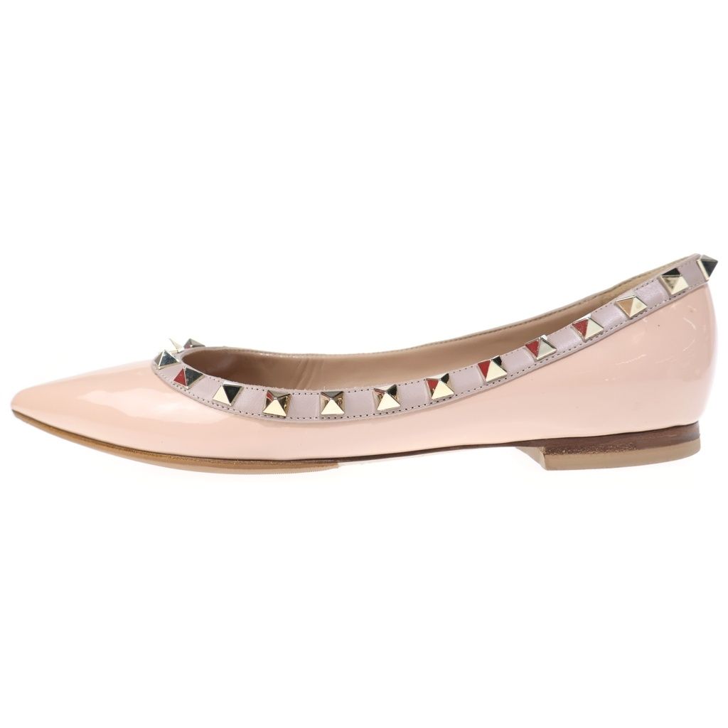 VALENTINO (ヴァレンティノ) ロックスタッズ パテントレザー ポインテッドトゥ フラットシューズ パンプス ピンク レディース