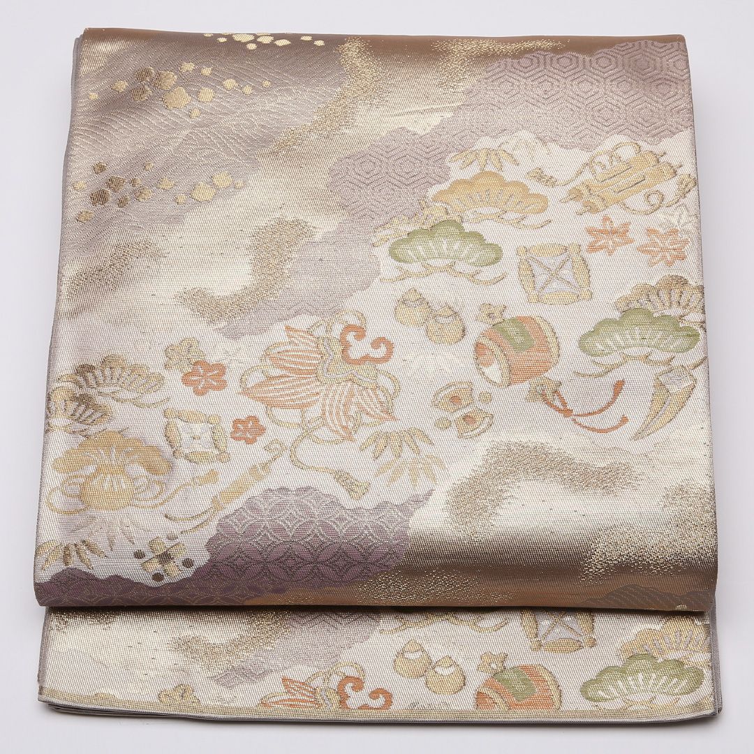 特価！袋帯 帯丈428cm 正絹 六通 フォーマル 宝尽くし 金箔 金系 紫系 1243-01025 7,965円
