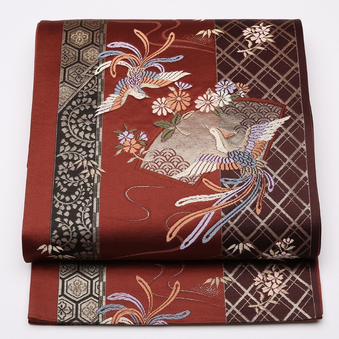 特価！振袖用 袋帯 帯丈426cm 正絹 六通 格子 花扇 尾長鳥 赤系 1243-01044
