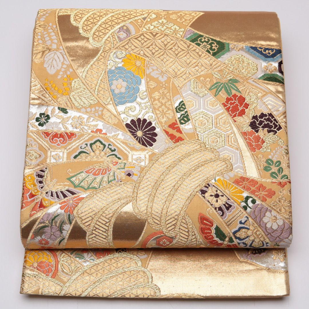 特価！袋帯 帯丈442cm 正絹 六通 フォーマル 熨斗 金箔 金系 1243-01115