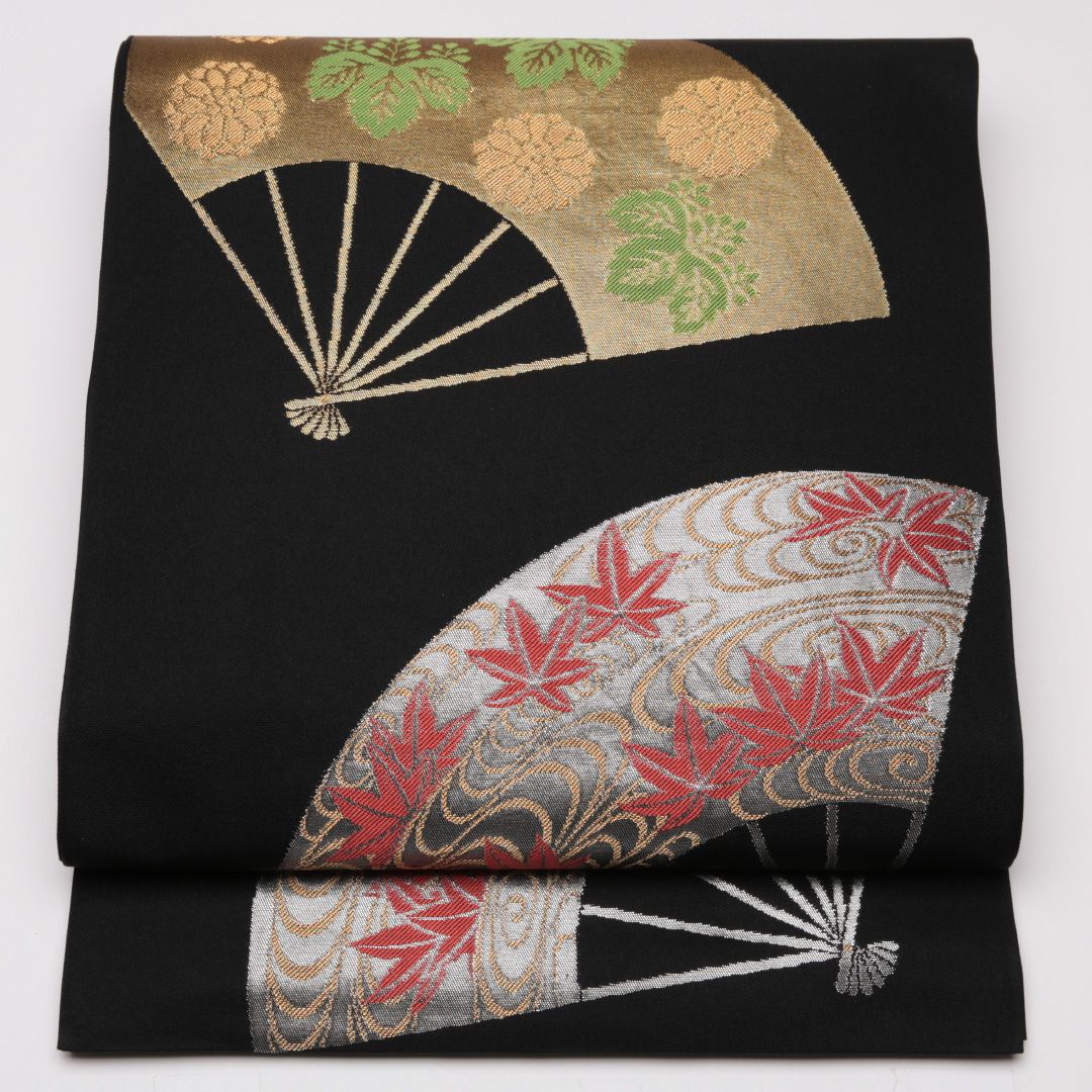 お買い得品！袋帯 帯丈404cm 正絹 全通 フォーマル 綴れ織 花扇 落款 黒系 1243-01136