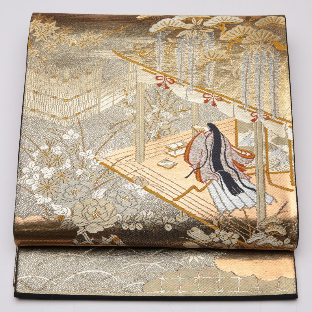 特価！袋帯 帯丈428cm 正絹 六通 フォーマル 平安絵巻 源氏物語 金箔 金系 1243-01139