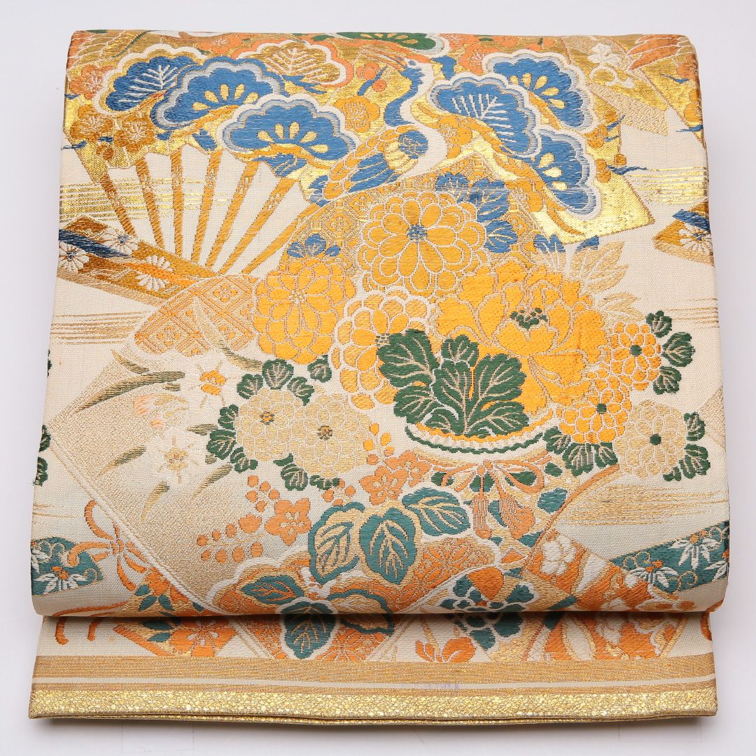 特価！アンティーク 丸帯 帯丈392cm 正絹 全通 花扇 金系 1242-01145
