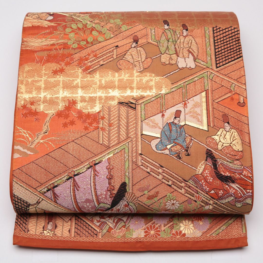特価！袋帯 帯丈420cm 正絹 六通 フォーマル 平安絵巻 金箔 金系 朱系 1243-01169