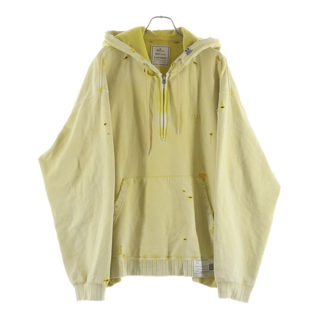 MAISON MIHARAYASUHIRO (メゾンミハラヤスヒロ) 25AW BLEACHED HALF ZIP HOODIE ロゴエンブロイダリー ブリーチドハーフジップフーディー プルオーバーパーカー イエロー A15HD565