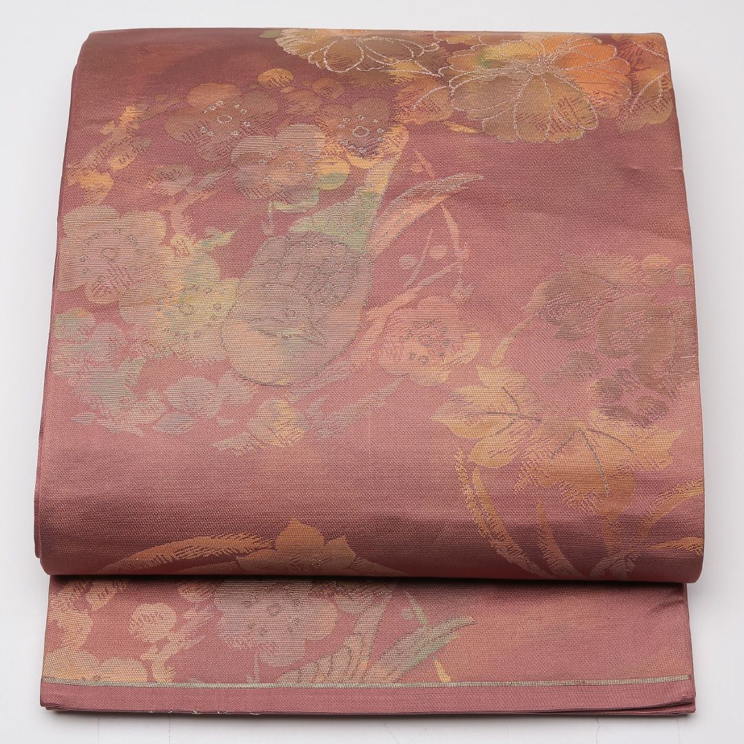 お買い得品！未使用品 袋帯 帯丈420cm 正絹 六通 セミフォーマル 花鳥文 引箔 茶系 ピンク系 1243-01235