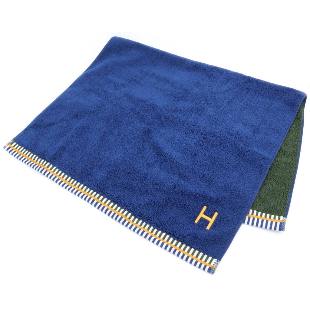 HERMES (エルメス) H刺繍 カレ ヴィス ヴェルサ コットン バスタオル ブルー/グリーン