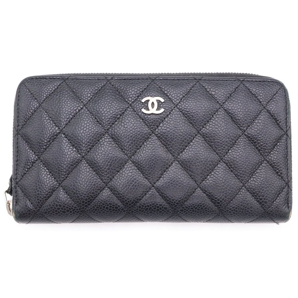 CHANEL (シャネル) マトラッセ ラウンドファスナー長財布 ロングウォレット カードケース ブラック キャビアスキン シルバー金具