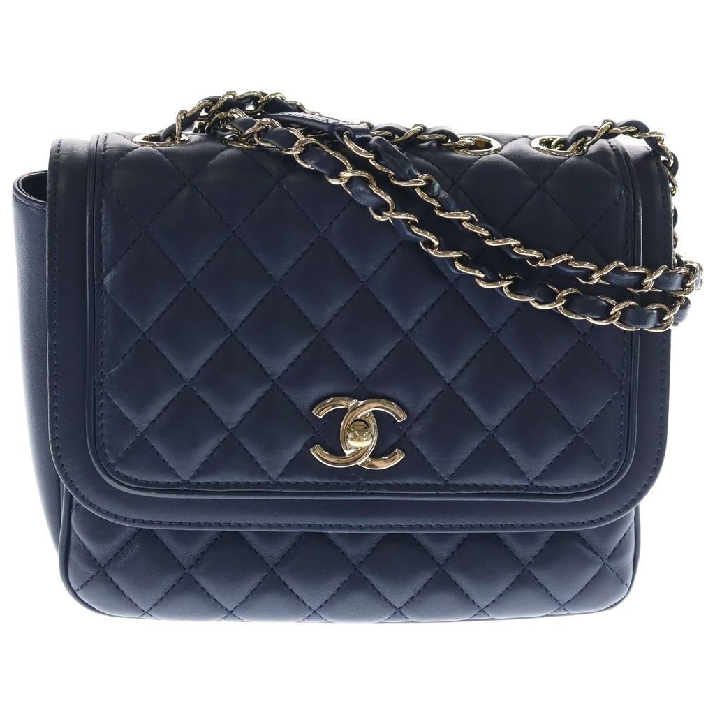 CHANEL (シャネル) マトラッセ ラムスキン レザー Wチェーンショルダーバッグ ネイビー ゴールド金具 A57896 26番台