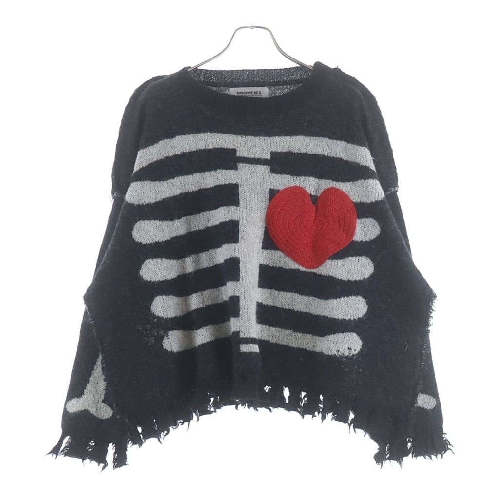 DISCOVERED (ディスカバード) 24AW MOHAIR HEART&BONE KNIT ダメージ加工 ボーン クルーネックニットセーター ブラック DC-AW24-KN-07