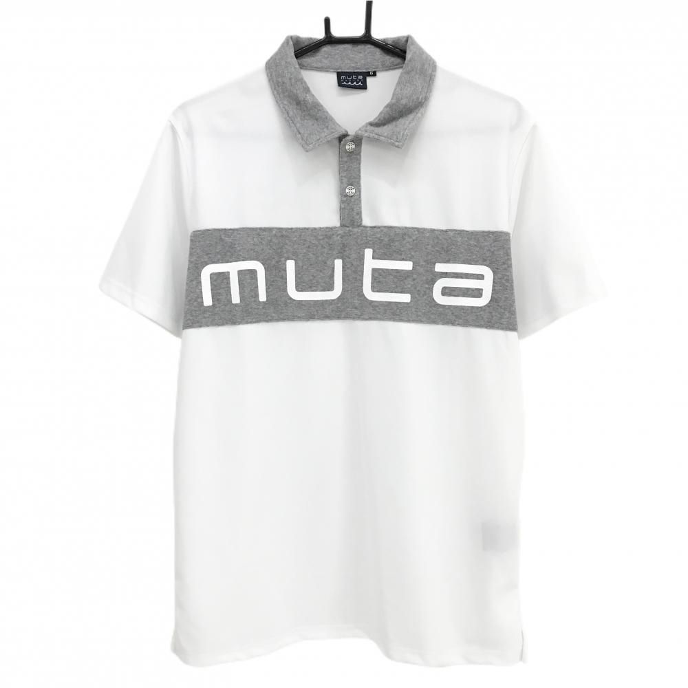 【超美品】ムータマリン 半袖ポロシャツ 白×グレー 一部パイル地 ビッグロゴ メンズ 6(L) ゴルフウェア 2024年モデル muta
