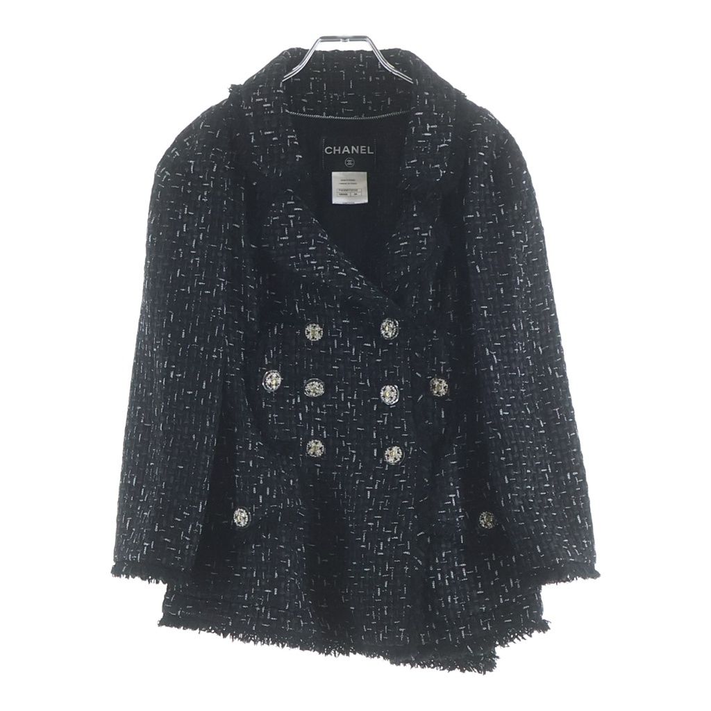 CHANEL (シャネル) ロゴツイード グリポアボタン ダブルブレスト ジャケット ブラック レディース P45108V33335