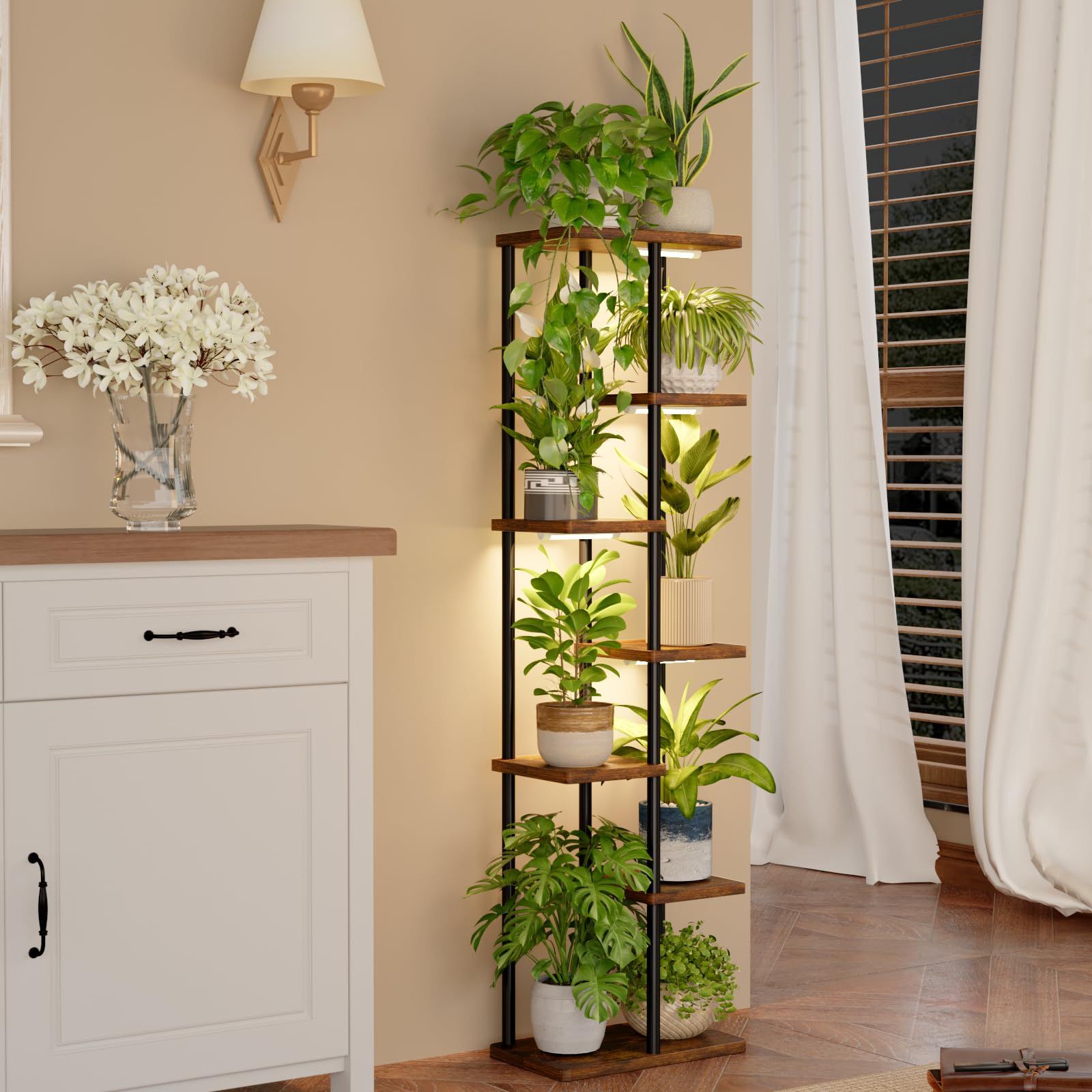 Bamworld フラワースタンド 植物育成ライト付き プランタースタンド 7段花台 観葉植物台 おしゃれ 植物 棚 植木鉢台 植木鉢スタンド リビング 寝室 ベランダ shu 85e8a885