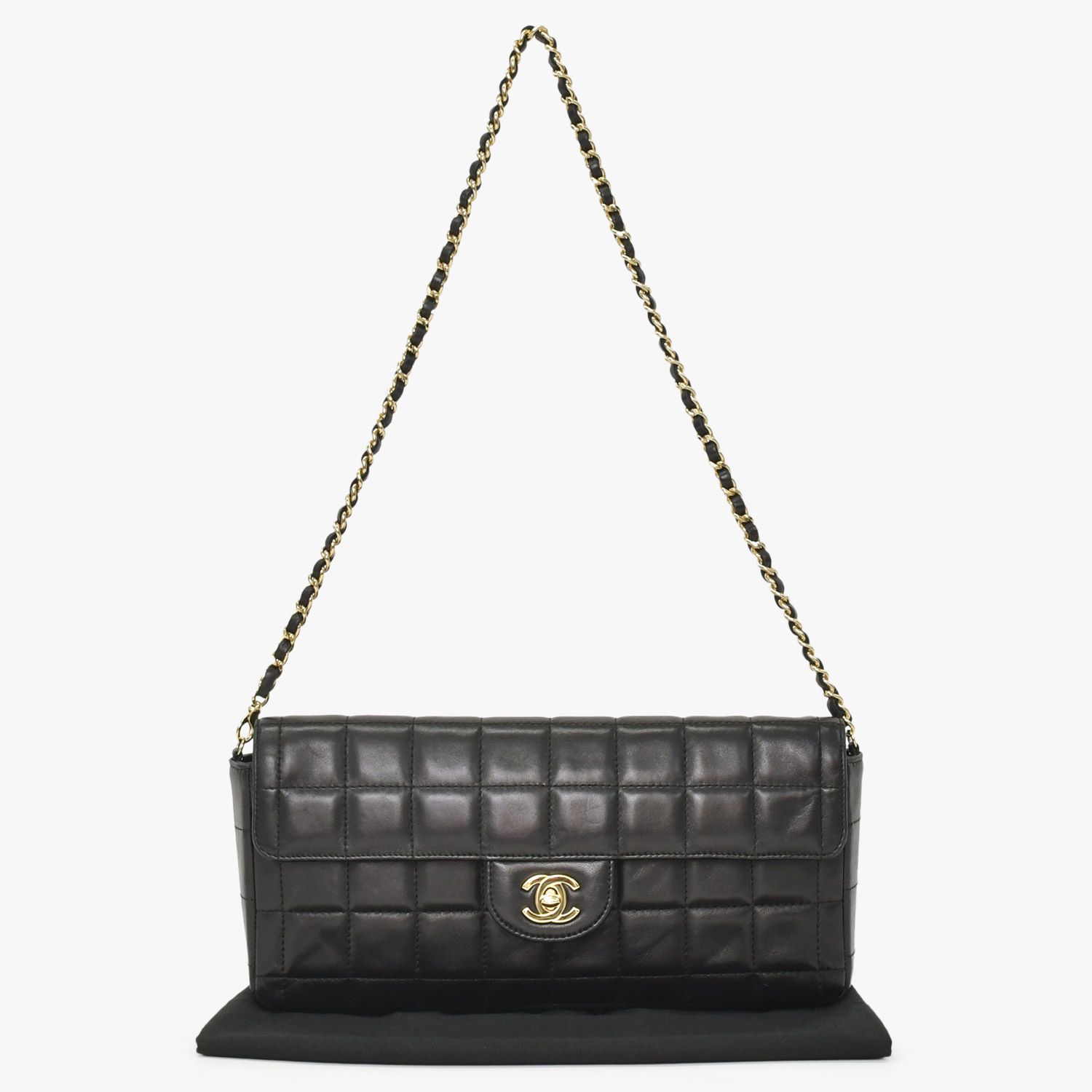 極美品 CHANEL シャネル チョコバー チェーン ショルダーバッグ ラムスキン 黒×ゴールド レディース 7番台 中古 4a001447