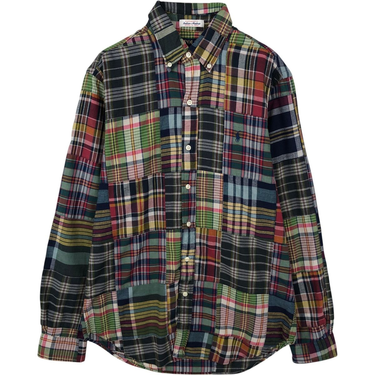 古着 ラルフローレン Ralph Lauren CLASSIC FIT INDIGO パッチワーク 長袖 ボタンダウンチェックシャツ メンズM相当/eaa643470