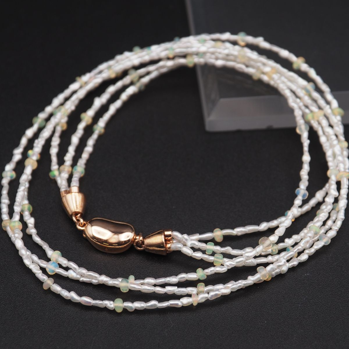 W125 ケシパール 1.5-2mm 芥子 真珠 オパール SILVER刻印 ネックレス 3連 ゴールドカラー デザイン シルバー 6月 10月誕生石