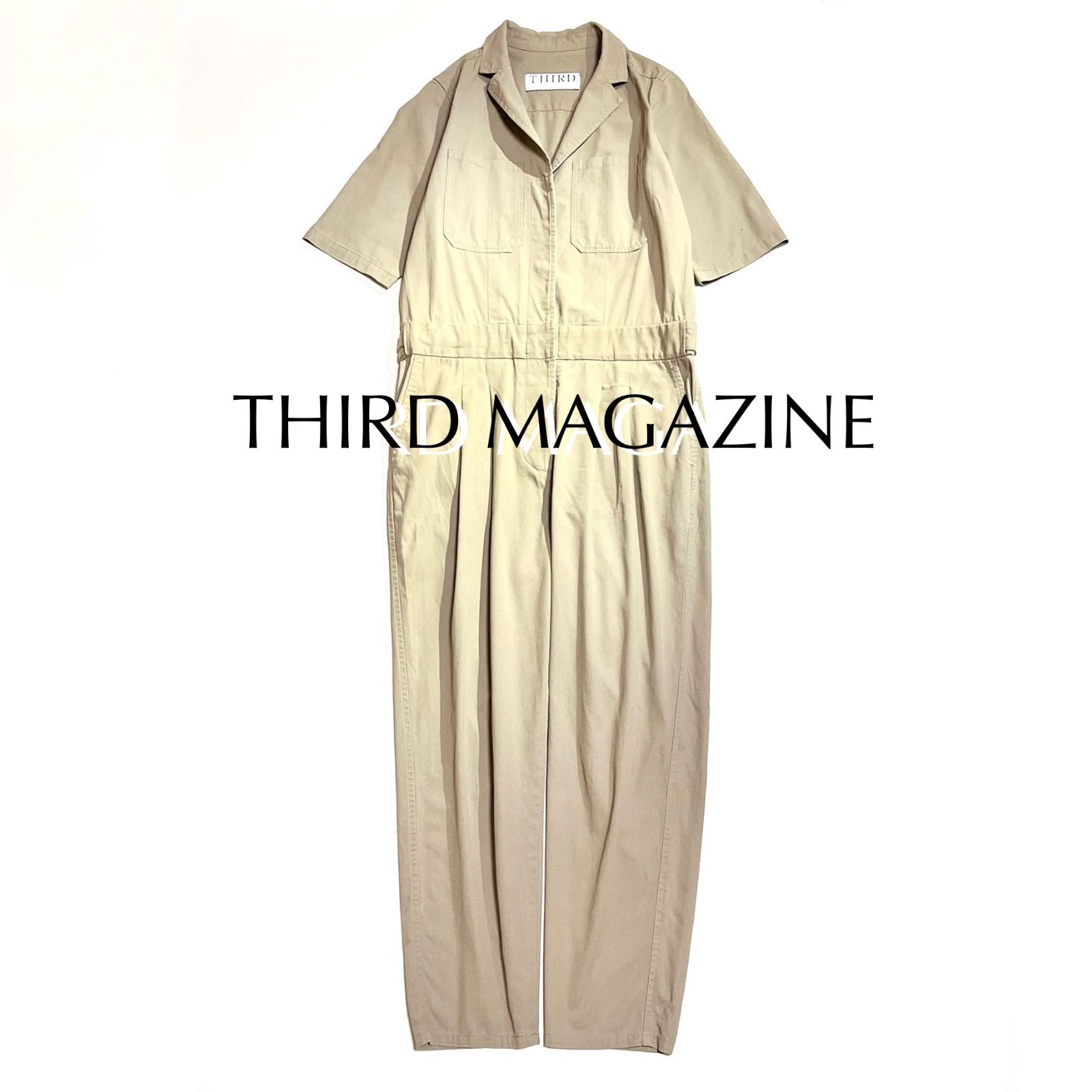 kU13 THIRD MAGAZINE コットンツイルオールインワン シャツ ロンパース パンツ シャツ 半袖 カラー 襟付き カーキ サードマガジン ELLE エル