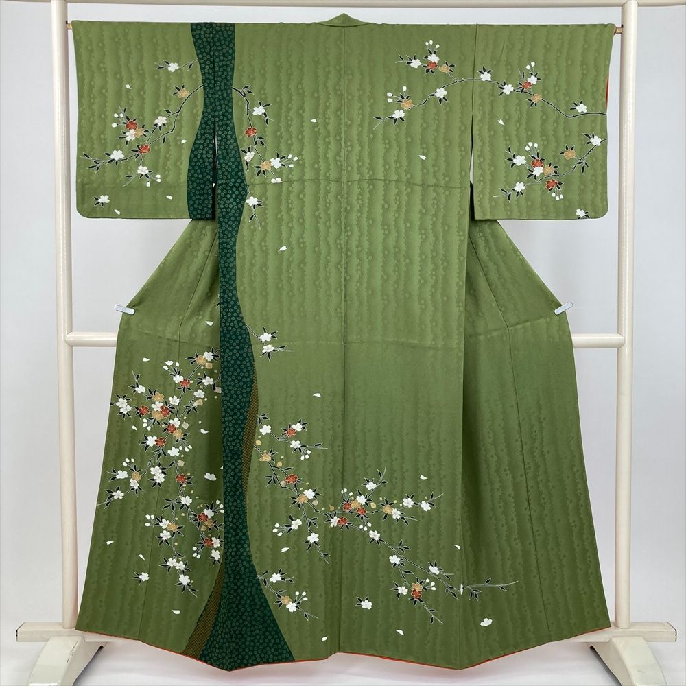 たんす屋 TANSU-YA 着物 リユース着物 訪問着 緑 フォーマル セミフォーマル 地紋織り 枝桜 袷 絹 洗い済 【身丈】153cm【裄丈】65cm 7650004265764