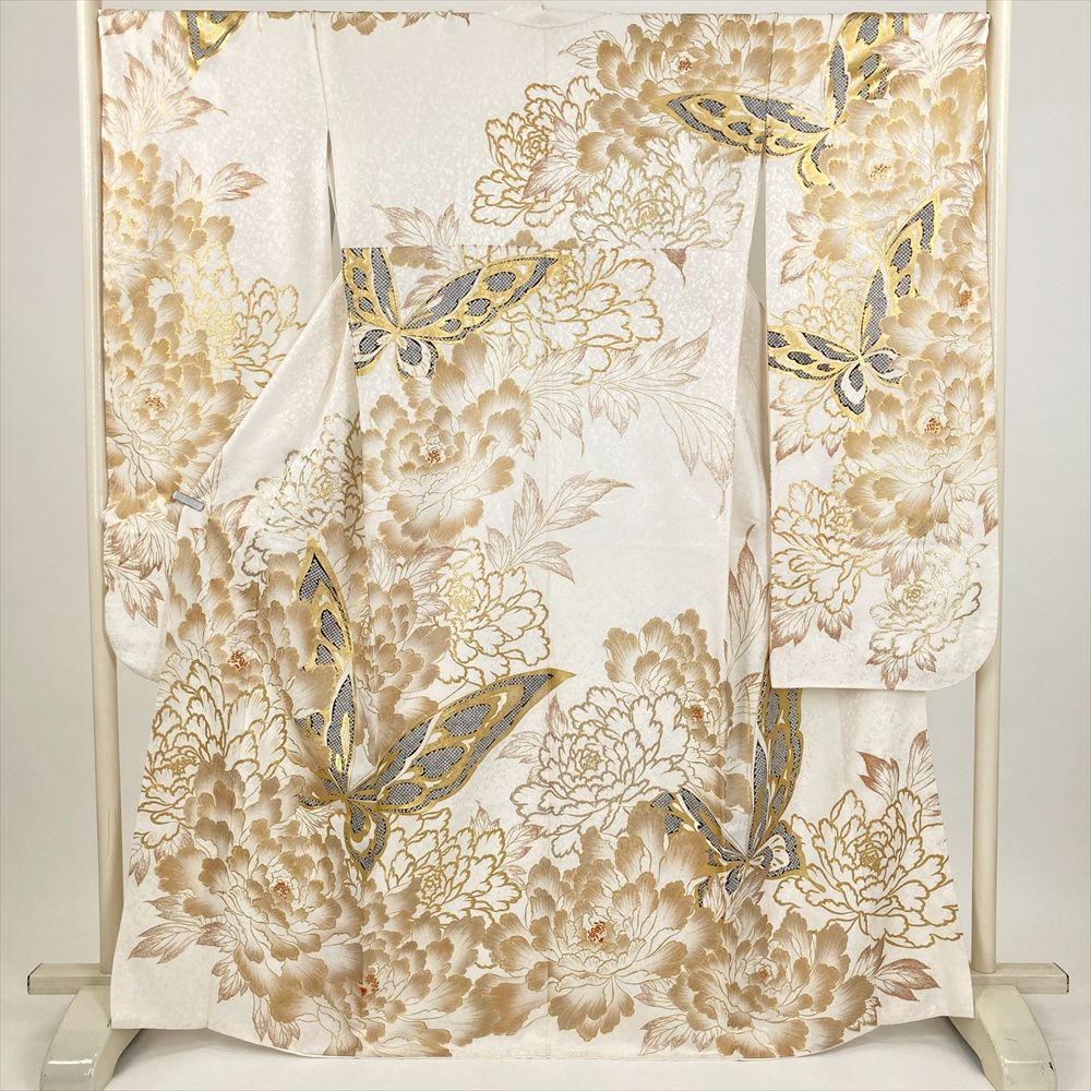たんす屋 TANSU-YA 着物 リユース着物 振袖 白 フォーマル 牡丹 蝶 金彩 ラメ 袷 絹 洗い済 【身丈】159cm【裄丈】69cm 7650004265771