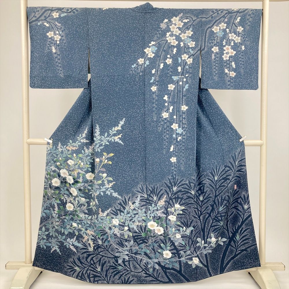 たんす屋 TANSU-YA 着物 リユース着物 訪問着 紺 フォーマル セミフォーマル 椿 梅 たたき 袷 絹 洗い済 【身丈】156cm【裄丈】66cm 7650004265610