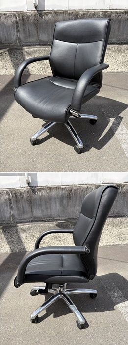 中古】【一部地域送料無料】ビニールレザーチェア 肘付 ブラック 役員 
