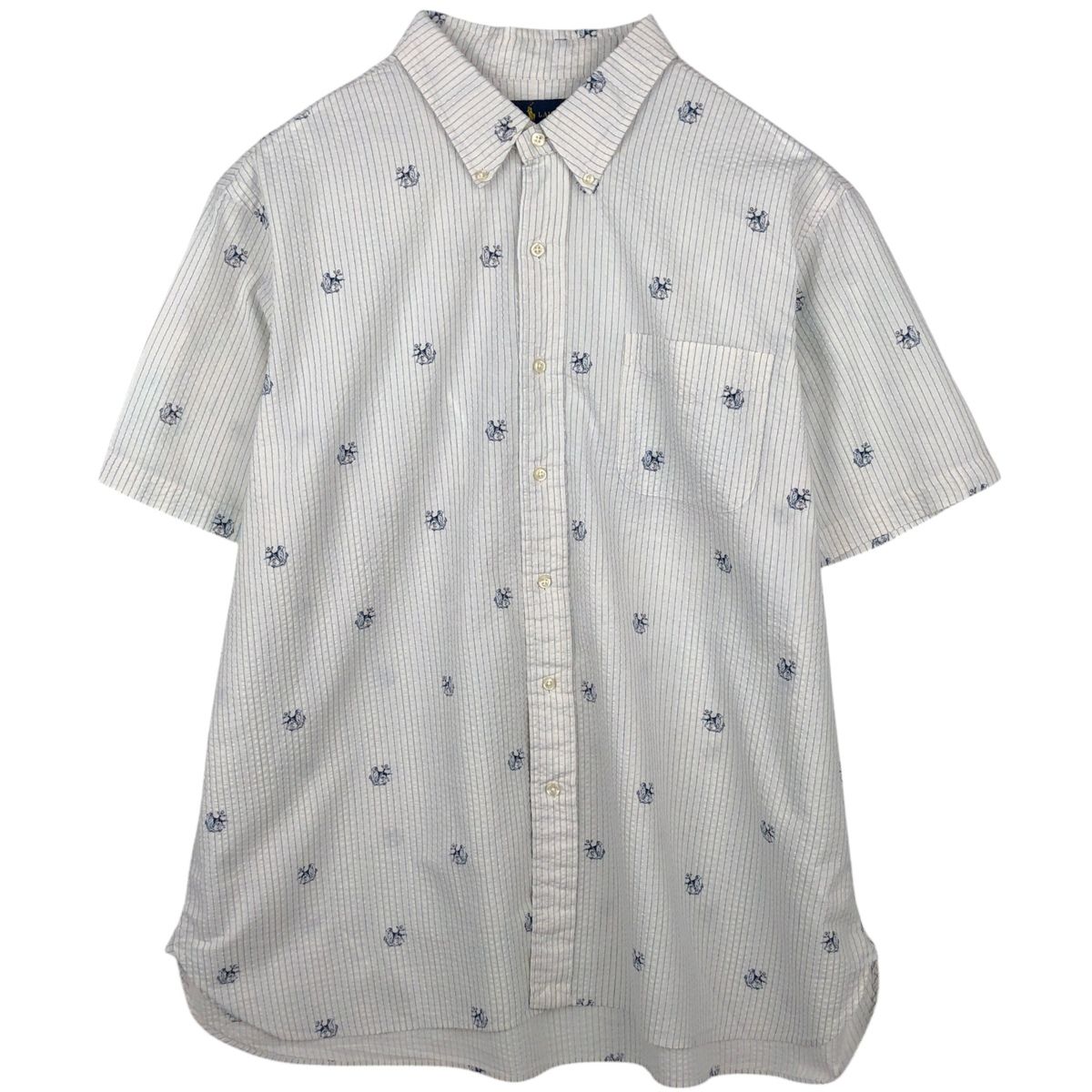 古着 ラルフローレン Ralph Lauren CLASSIC FIT 犬柄 シアサッカー 半袖 ボタンダウン ストライプシャツ メンズXXL相当/eaa641198