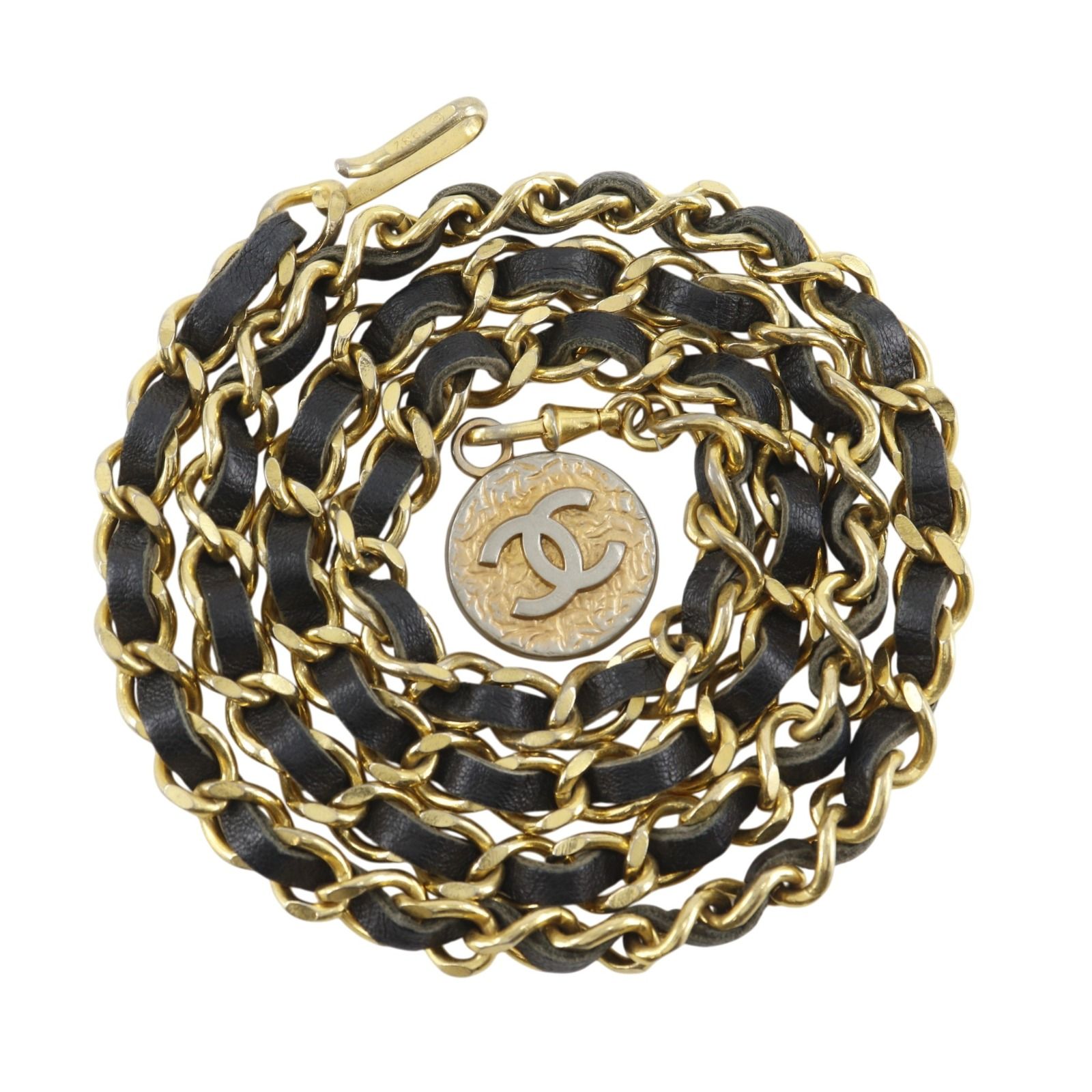 【CHANEL】シャネル チェーンベルト ココマーク ヴィンテージ 金メッキ×レザー 黒 レディース ベルト
