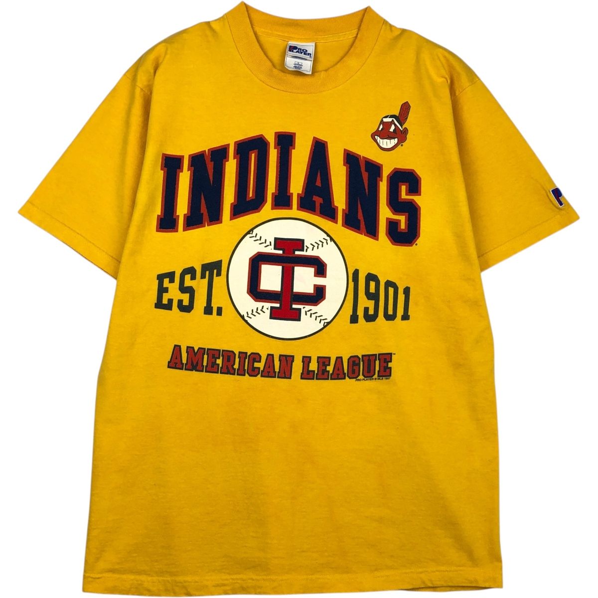 古着 90年代 PRO PLAYER MLB CLEVELAND INDIANS クリーブランドインディアンス スポーツプリントTシャツ USA製 メンズL相当/eaa639000
