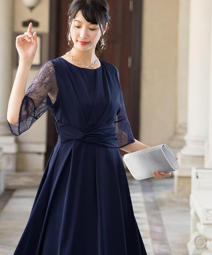 AUNI(アウニイ) パーティ ワンピース ドレス レディース ウエスト モチーフ ベルト 結婚式およばれワンピース パーティードレス (ネイビー / 77000034, S)