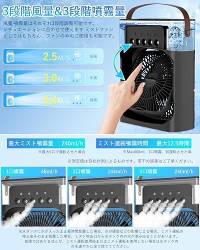 ☆新品☆ARZER 冷風扇 卓上冷風機 3段階風量調整 ポータブル 加湿器機能付き ミストファン Type-C給電 7色LEDライト タイマー機能 自動運転停止機能 転倒防止設計 アロマ対応 省エネ オフィス 寝室 キャンプ アウトドア スポ 94b8b426