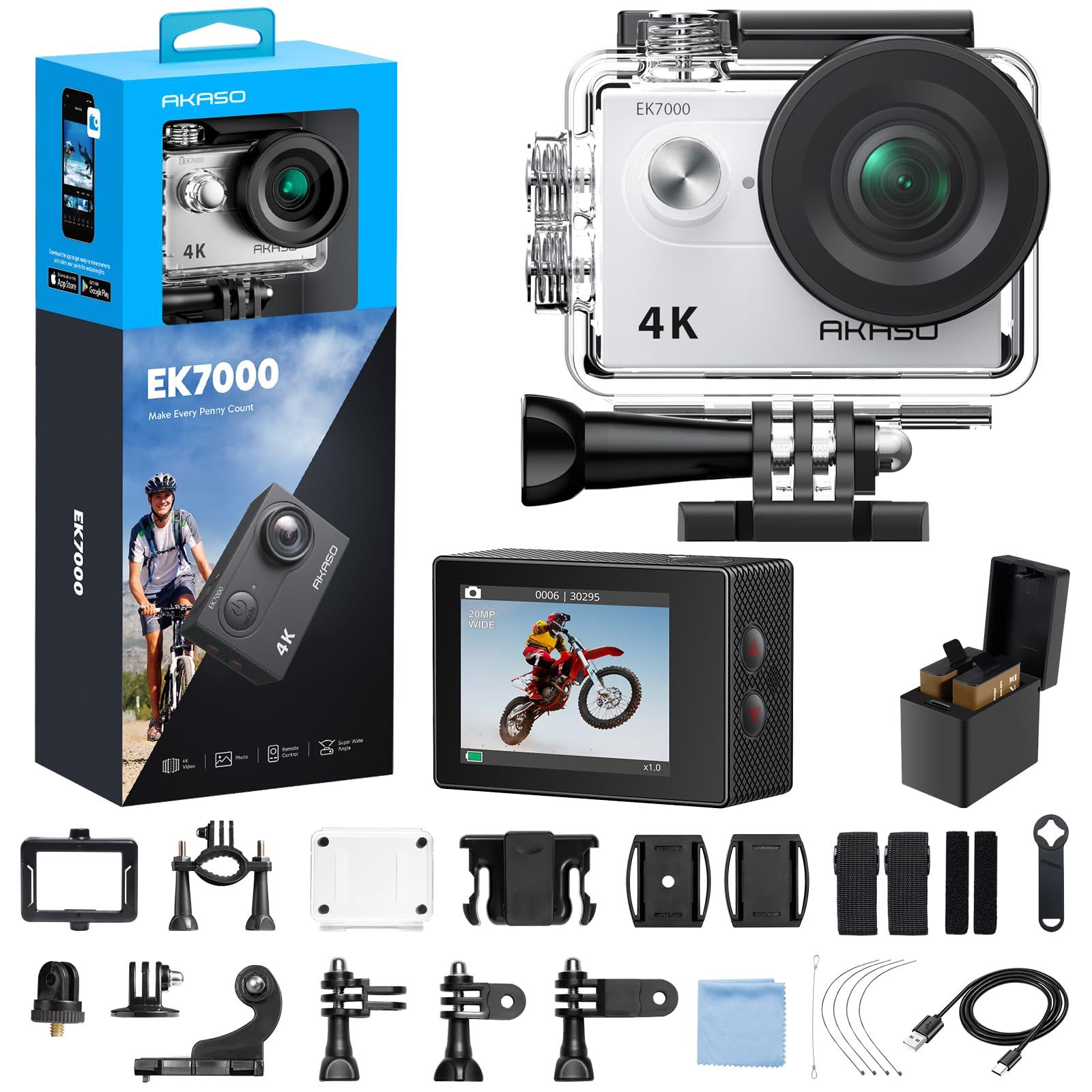 ☆新品☆AKASO アクションカメラ EK7000 4K30FPS 20MP 水中カメラ WiFi搭載 外部マイク対応 30M防水 170度広角レンズ 1050mAhバッテリー2個付き アクションカム ウェアラブルカメラ 豊富なアクセサリー 5d259aec