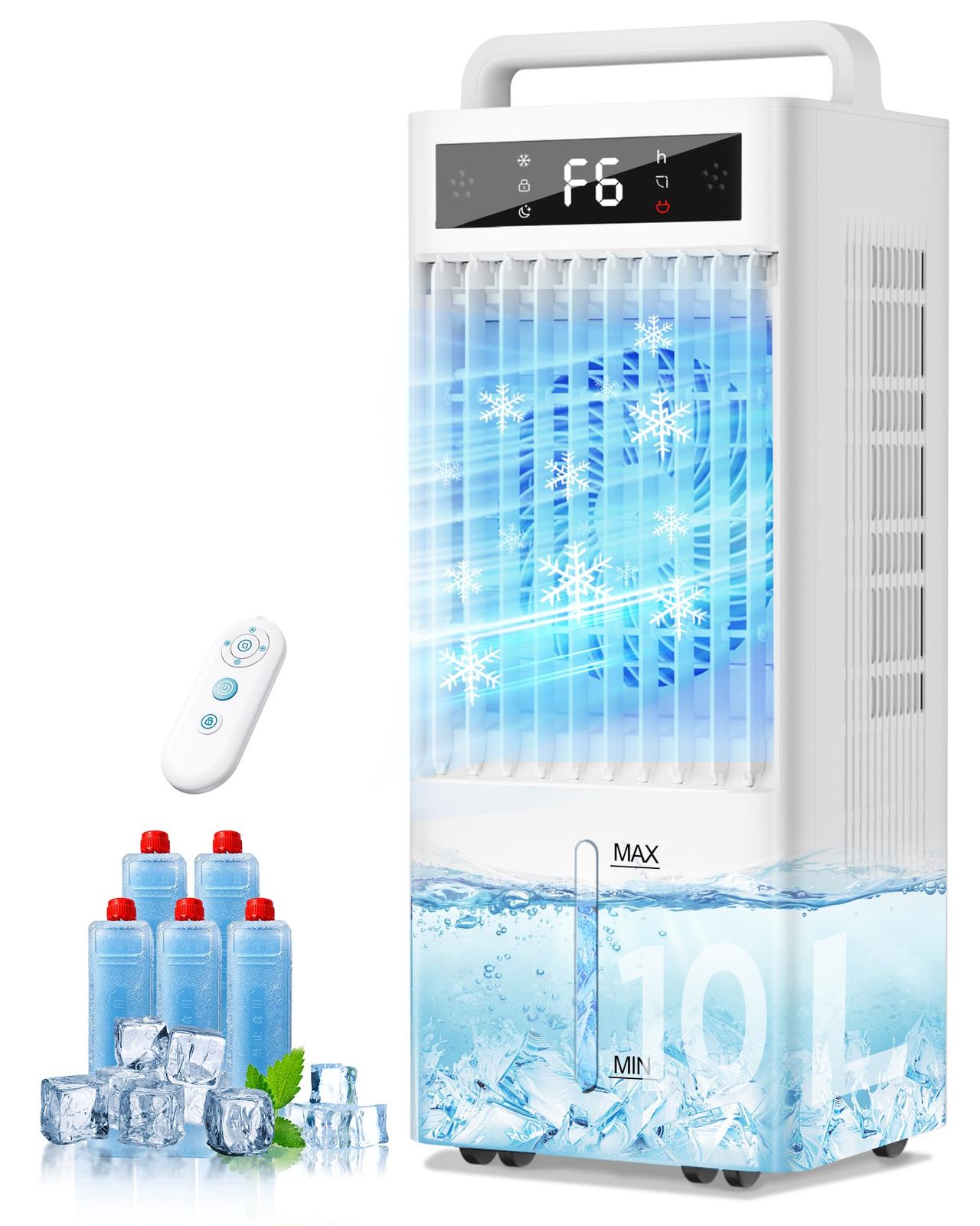 冷風機 強力 【2026業界NEWモデル冷風扇・三面吸風】 大容量 10L水タンク+6個専用保冷パック LEDタッチ操作 高効率 45W 省エネ設計 スポットクーラー 6階段調整可能 ハンド付き 隠しキャスター付き リモコン 遠隔操作 置き型 冷風扇風送料無料