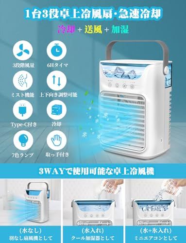 冷風機 冷風扇 強力 人気【2026新型・噴霧加湿・USB-C給電式】卓上クーラー超音波式 噴霧 細かいミスト 氷入れ水冷エアコン 加湿機能 小型 卓上冷風機 700ML大容量 7W省エネ節電対策 3段階風量 2段階噴霧量 切タイマーLEDライト【小型送料無料