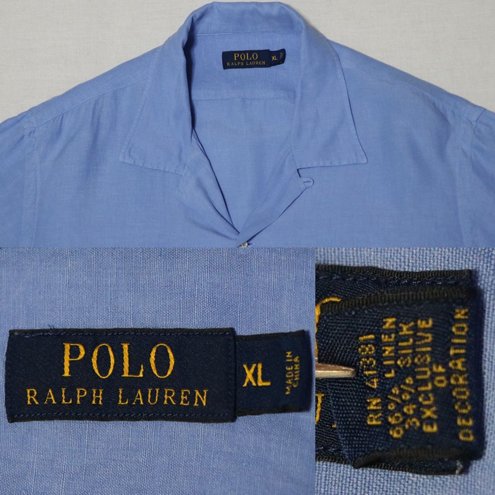 【公式】ラルフローレン シルクリネン 開襟シャツ 裾ピンクポニー SAXブルー XL 美品 米国購入 半袖シャツ アロハシャツ サマーウエア 総柄 絹 麻 ビッグサイズ 開襟