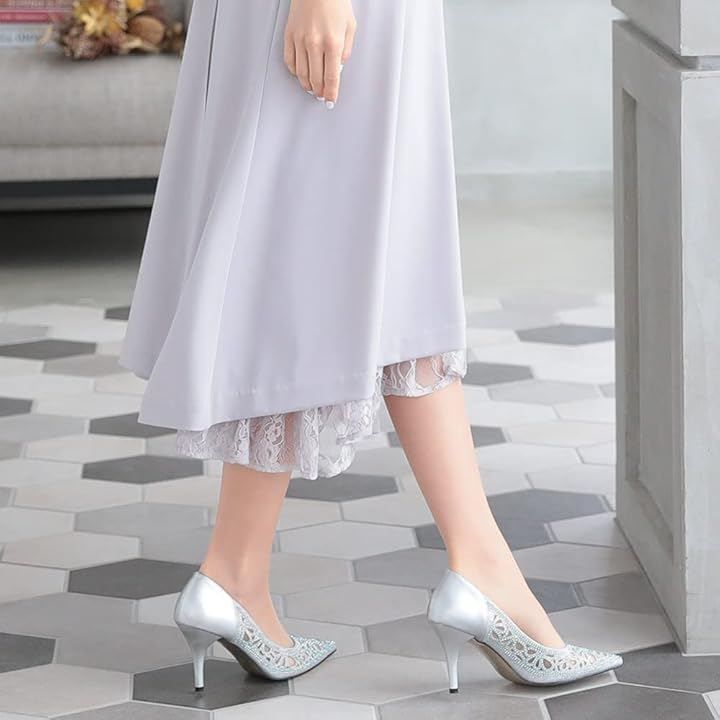 AUNI(アウニイ) パンプス レディース 靴 歩きやすい 結婚式 ポインテッドトゥ 8cm ヒール キャバヒール お呼ばれ パーティー フォーマル ママ 美脚 ロー ピンヒール (シルバー / 3395, 23.0 cm)