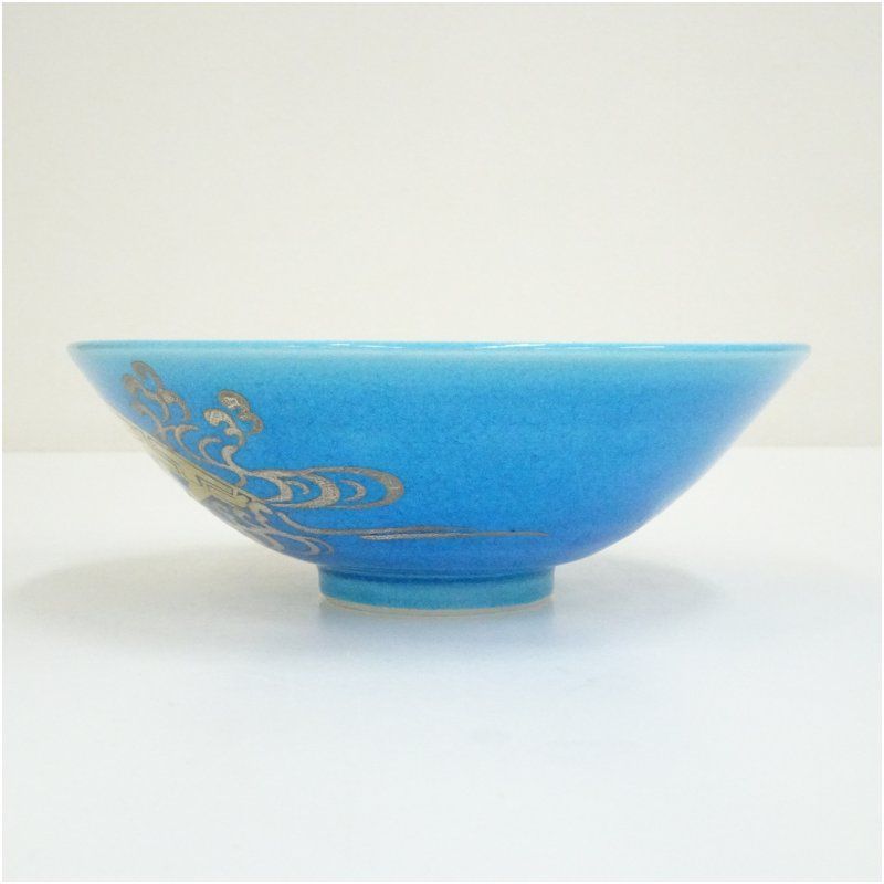 京焼 妙見窯造 浅黄交趾源氏車平茶碗（共箱） 茶道 抹茶 おしゃれ 抹茶