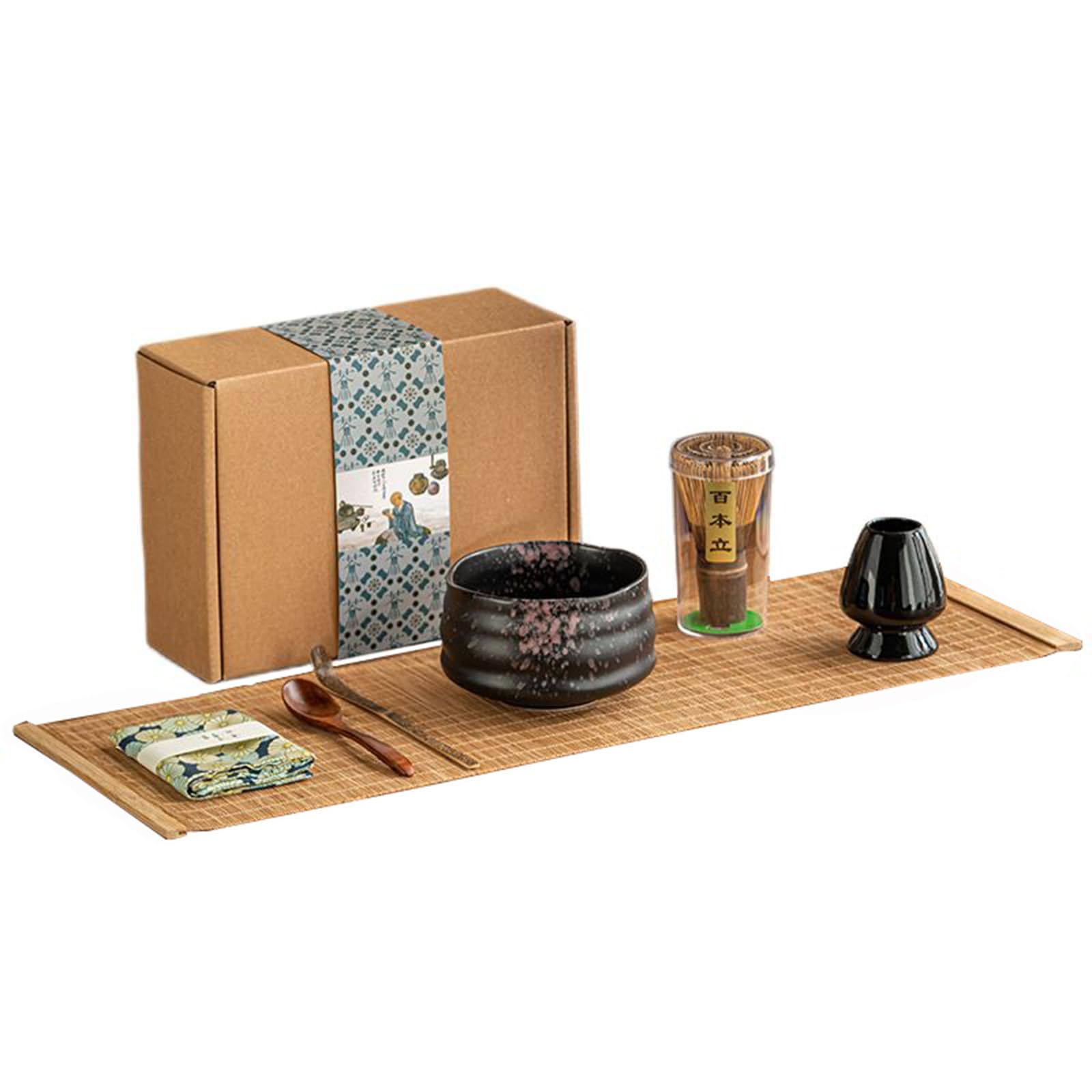 【新品】抹茶7点セット お点前セット 日本茶セット 茶道具セット 抹茶茶道 茶碗 百本立茶筅 茶筅立て 茶杓 抹茶 粉末 泡立て器(ブラック) f1ce7f40