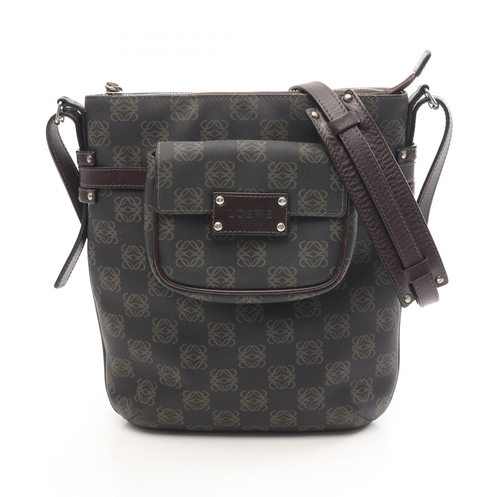 ロエベ LOEWE ショルダーバッグ アナグラム ダークブラウン PVCコーティングキャンバス レザー アナグラム ショルダーバッグ レディース Used B
