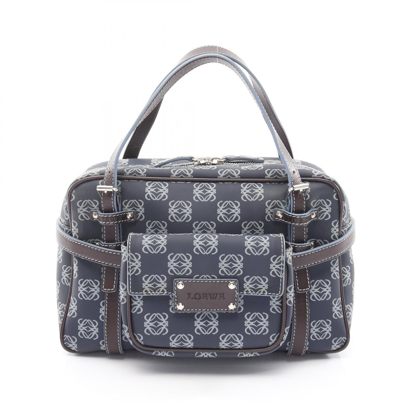 ロエベ LOEWE ハンドバッグ リピートアナグラム ネイビー PVCコーティングキャンバス レザー アナグラム リピート ポーチ付き ハンドバッグ レディース Used A