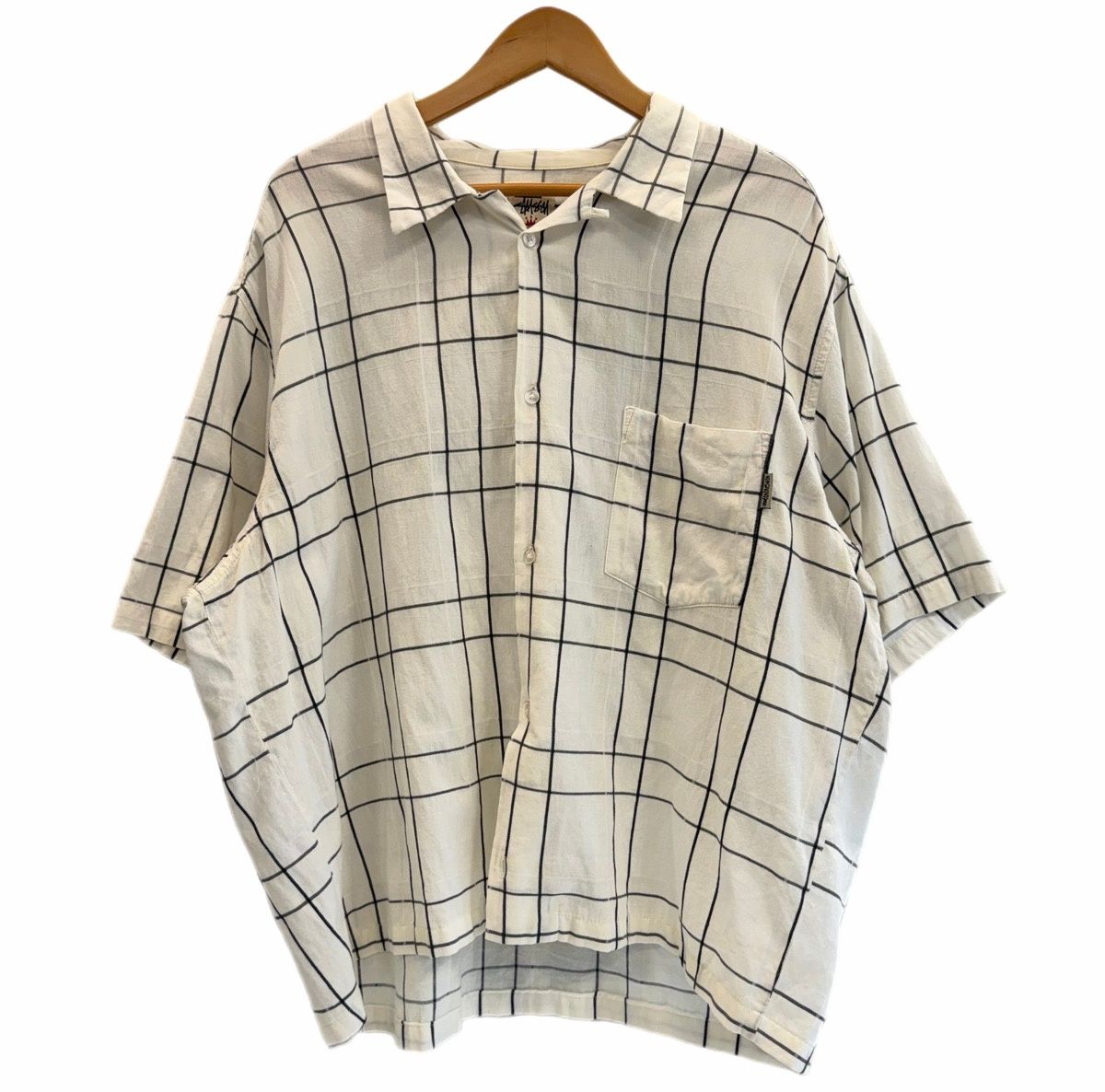 ステューシー STUSSY 90s 90's OLD STUSSY 白タグ クラウンタグ オープンカラーシャツ チェックシャツ 格子柄 XL 半袖シャツ ホワイト 101MT-6254
